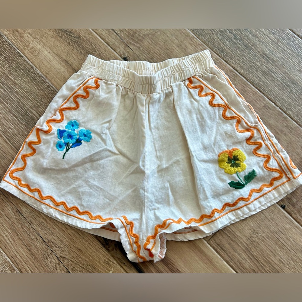 High Waist Cream and Orange Shorts with Vibrant Design